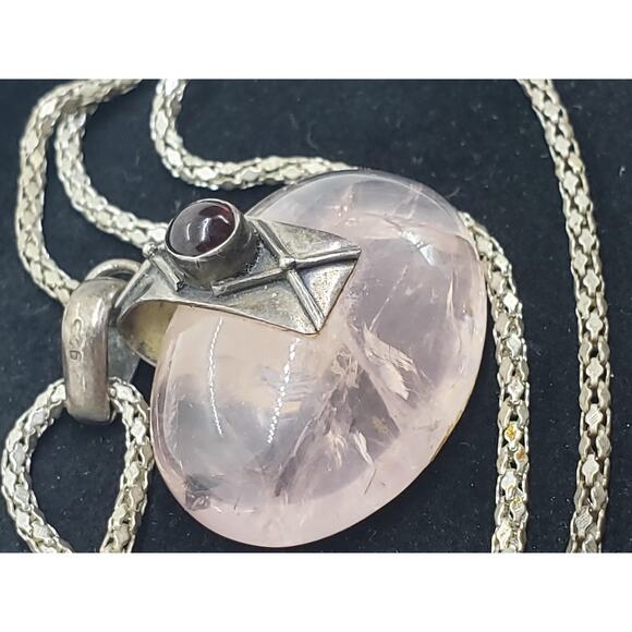 Sterling Silver 925 Rose Quartz & Garnet Cabochon Necklace On Snake Chain - Picture 8 of 13